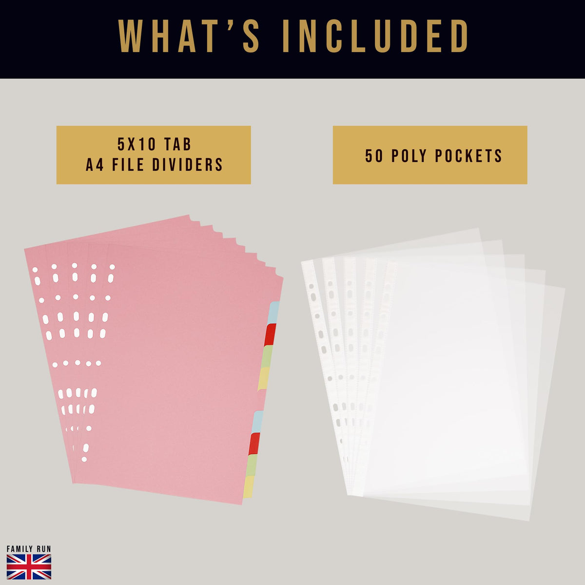 5-Pack A4 10-Part File Dividers with 50 Poly Pockets, 180gsm