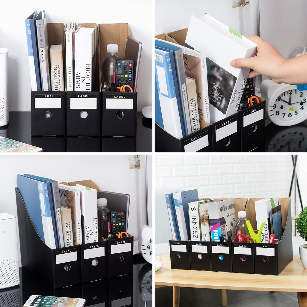 5-Pack Foldable A4 Cardboard Magazine File Holders with Labels (Black)