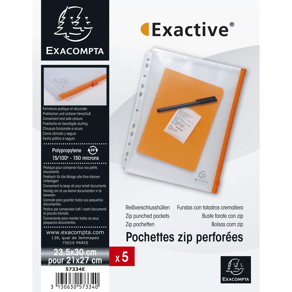 5 Punched A4 Zip Pockets Orange Crystal — Pack of 5