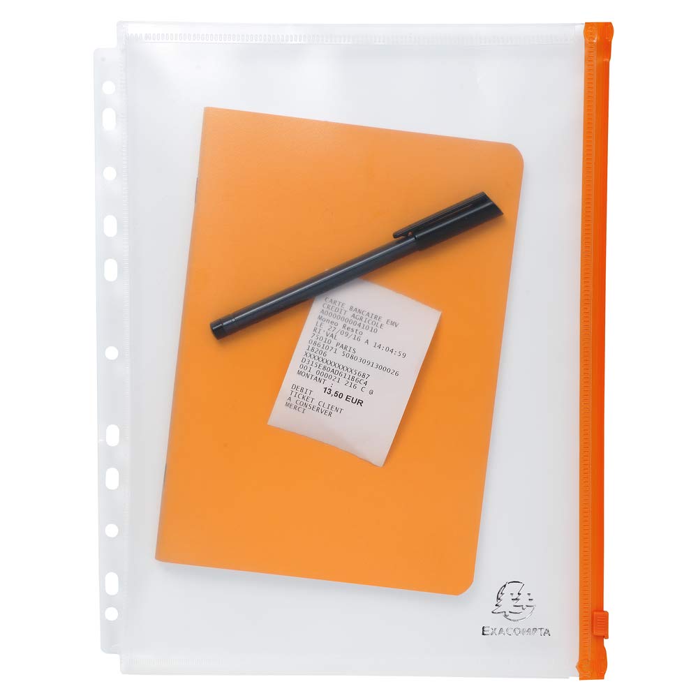 5 Punched A4 Zip Pockets Orange Crystal — Pack of 5