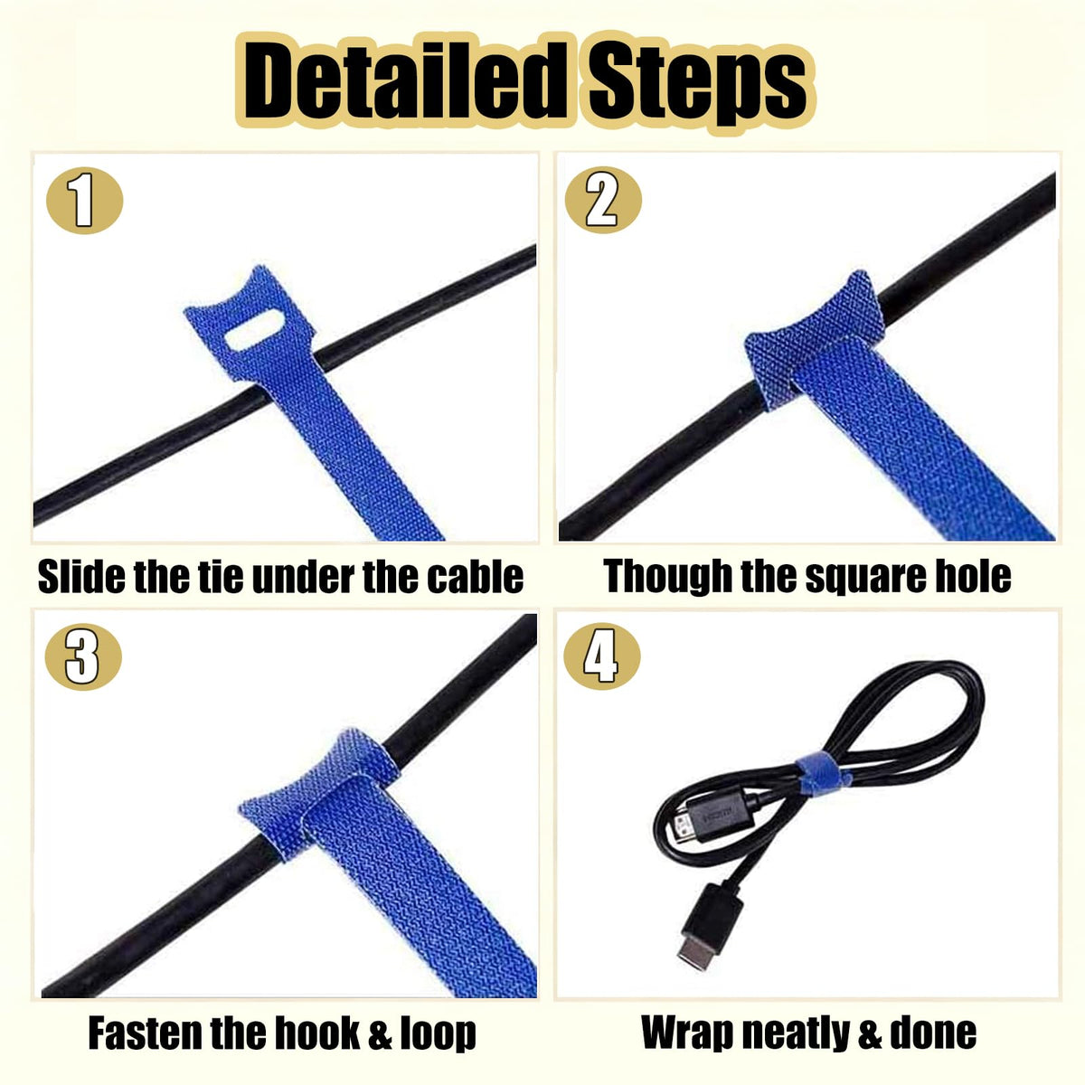 50 Releasable Hook & Loop Cable Ties 12mm×150mm Black