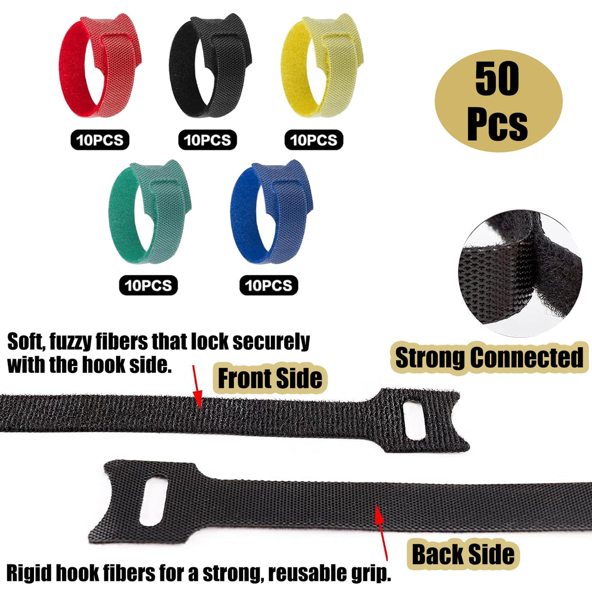 50 Releasable Hook & Loop Cable Ties 12mm×150mm Black