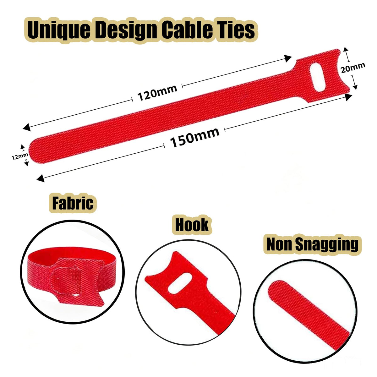 50 Releasable Hook & Loop Cable Ties 12mm×150mm Black