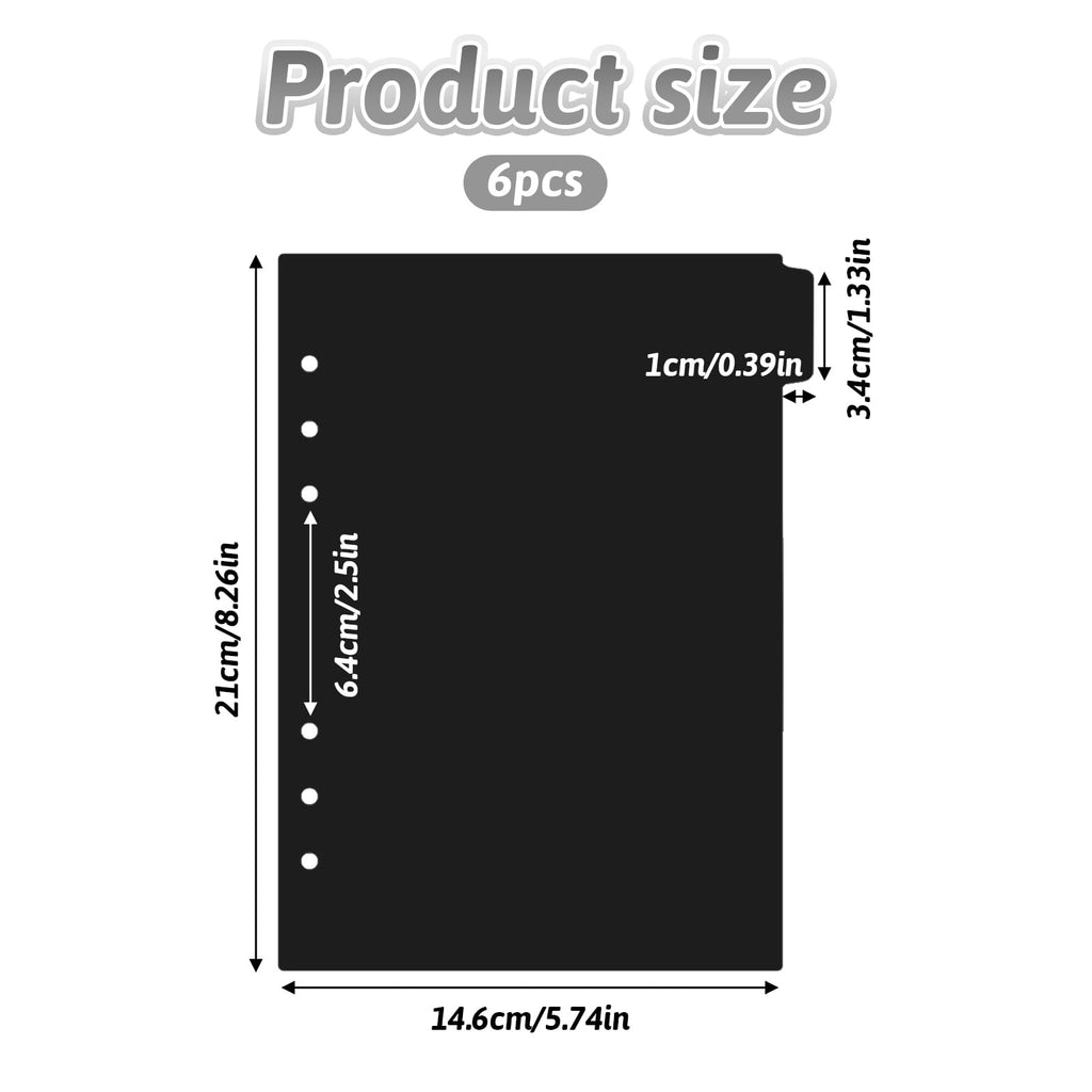 6-Pack A5 6-Hole Black Plastic Binder Dividers with Tabs