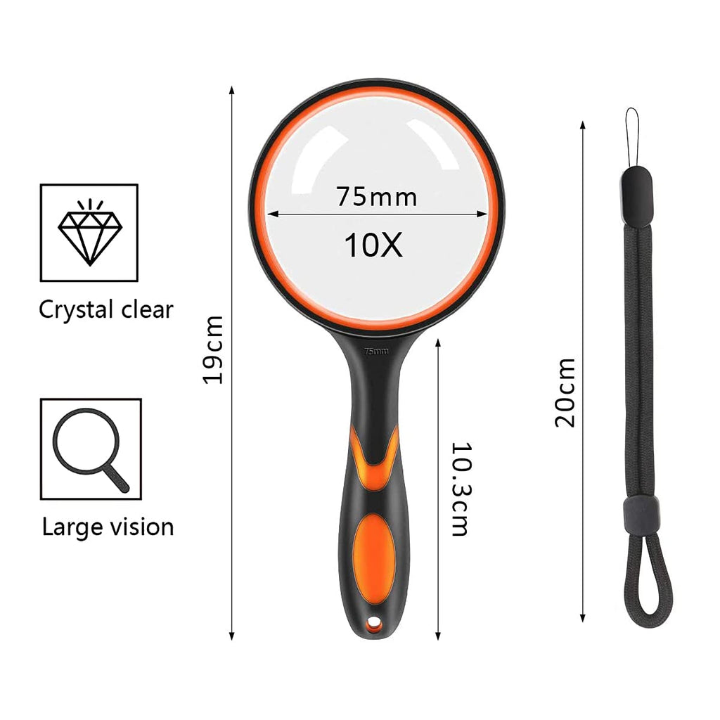 Vicloon Magnifying Glass, 10X Handheld Reading Magnifier, 75mm Magnifying Lens Handheld Magnifying Glass with Hanging Rope and Rubber Handle for Observation Reading Book Fault Finding (Orange)