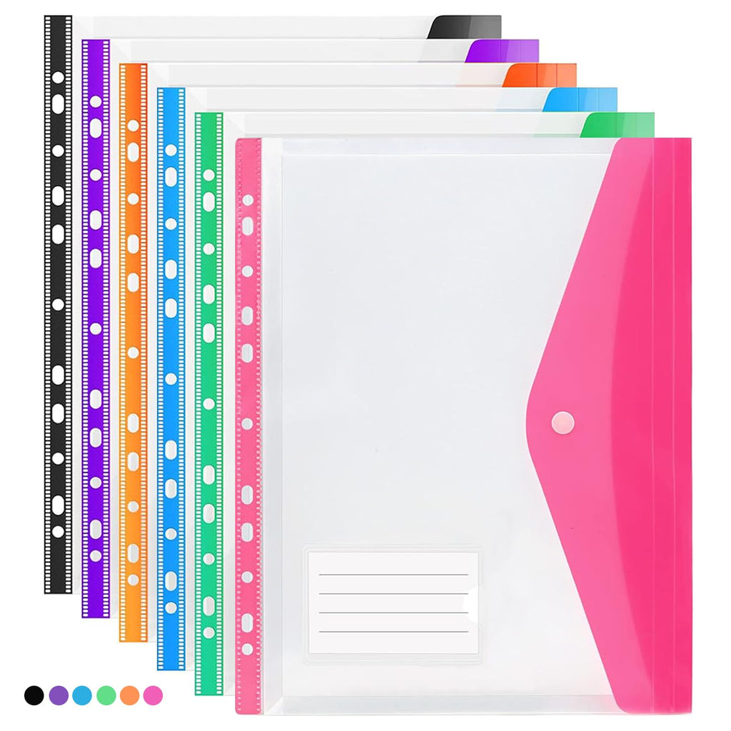 6-Pack A4 Punched Plastic Wallets File Folders, Assorted Colors, Side Opening