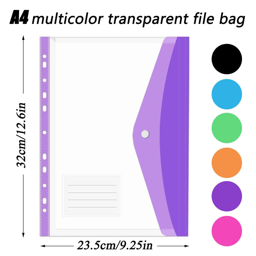6-Pack A4 Punched Plastic Wallets File Folders, Assorted Colors, Side Opening