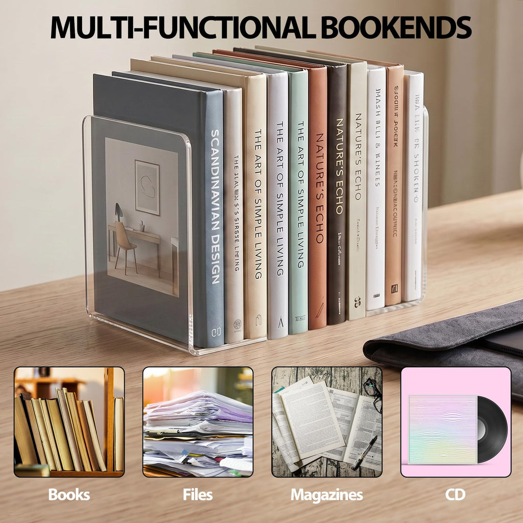 6-Pack Acrylic L-Shaped Bookends for Shelves, Clear White Black