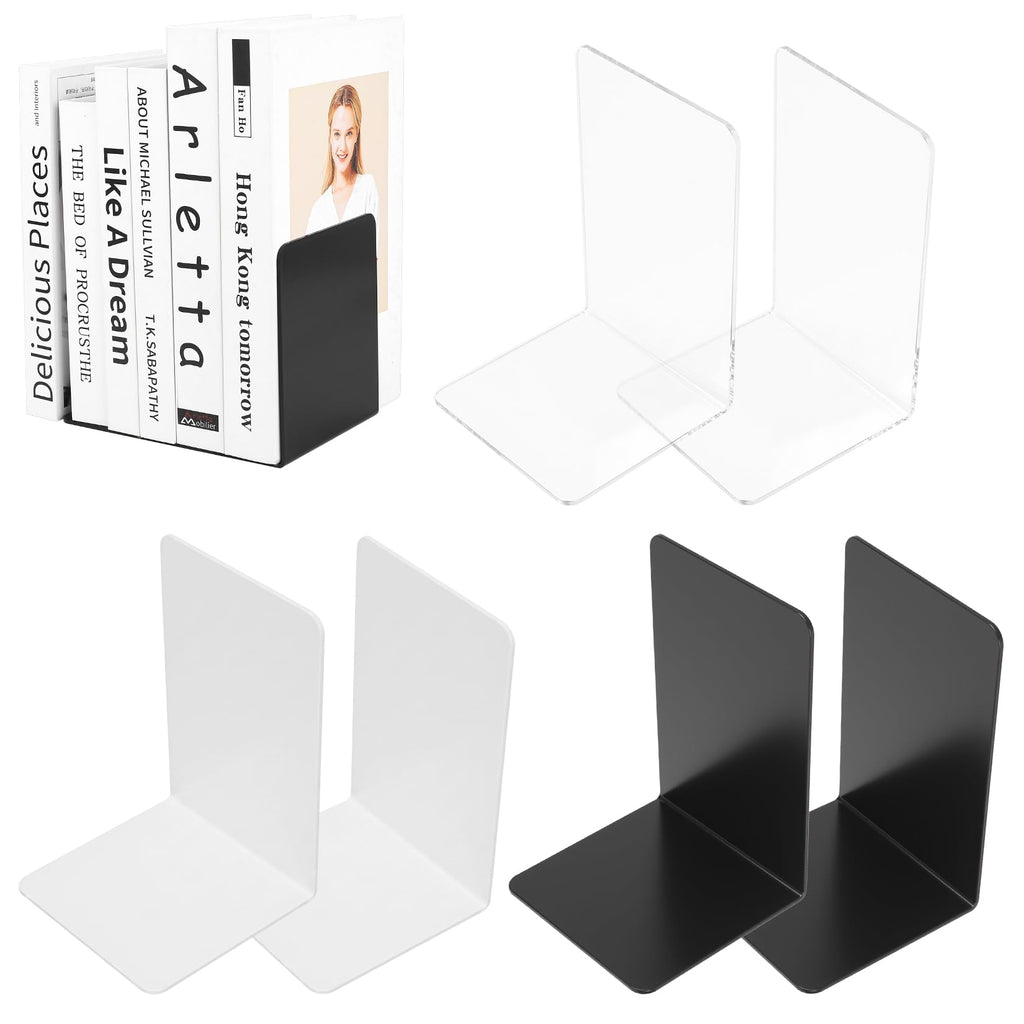 6-Pack Acrylic L-Shaped Bookends for Shelves, Clear White Black