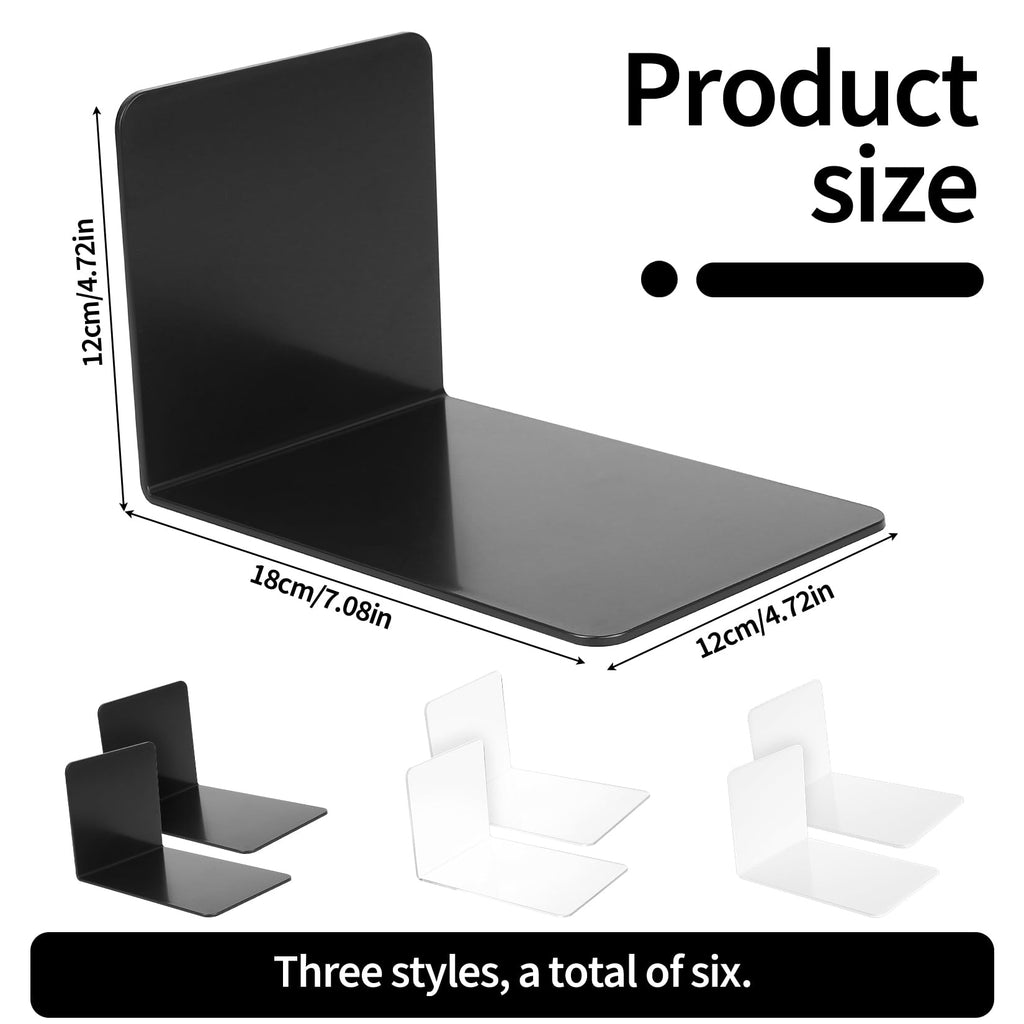 6-Pack Acrylic L-Shaped Bookends for Shelves, Clear White Black