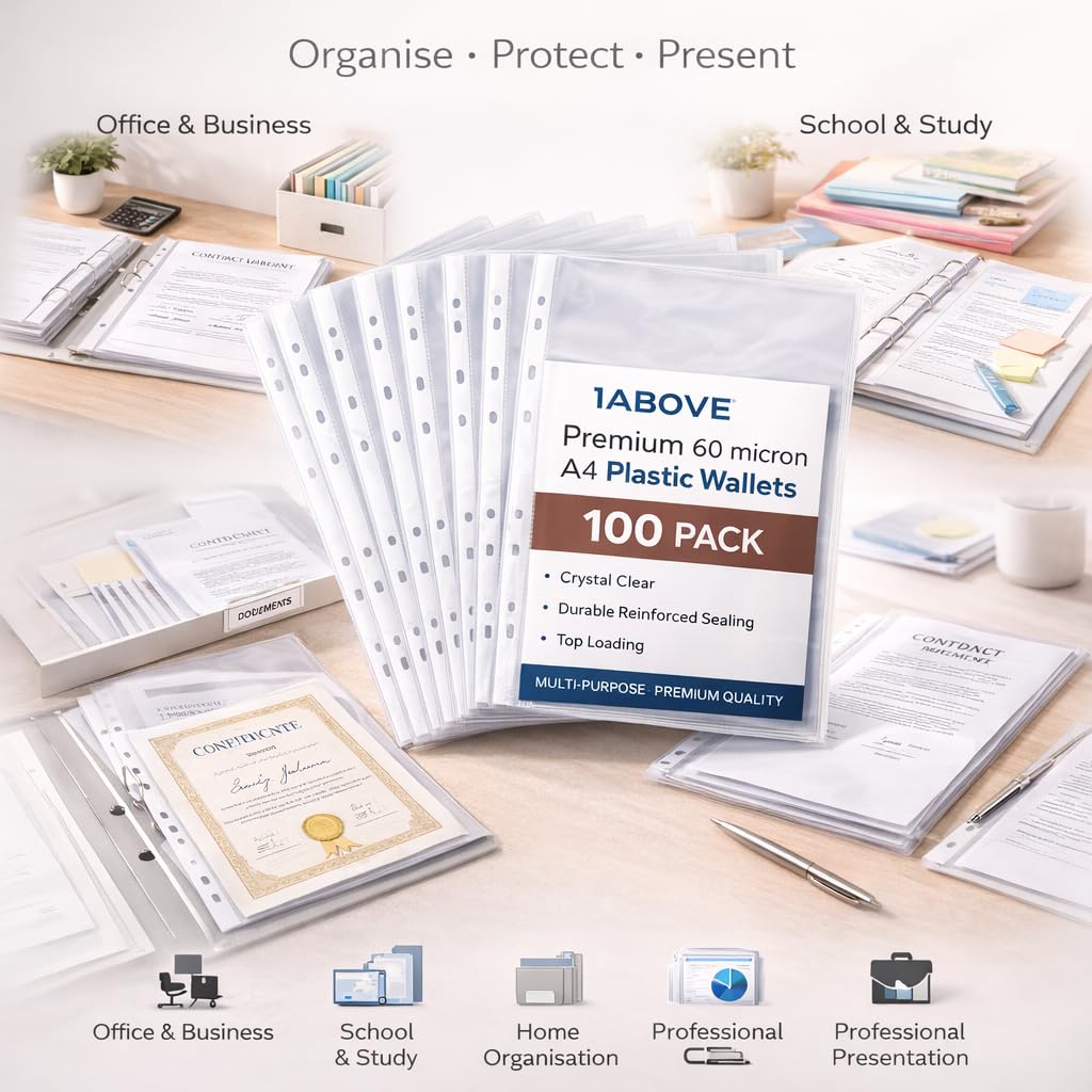 60 Micron A4 Punched Clear Plastic Wallets — 100-Pack