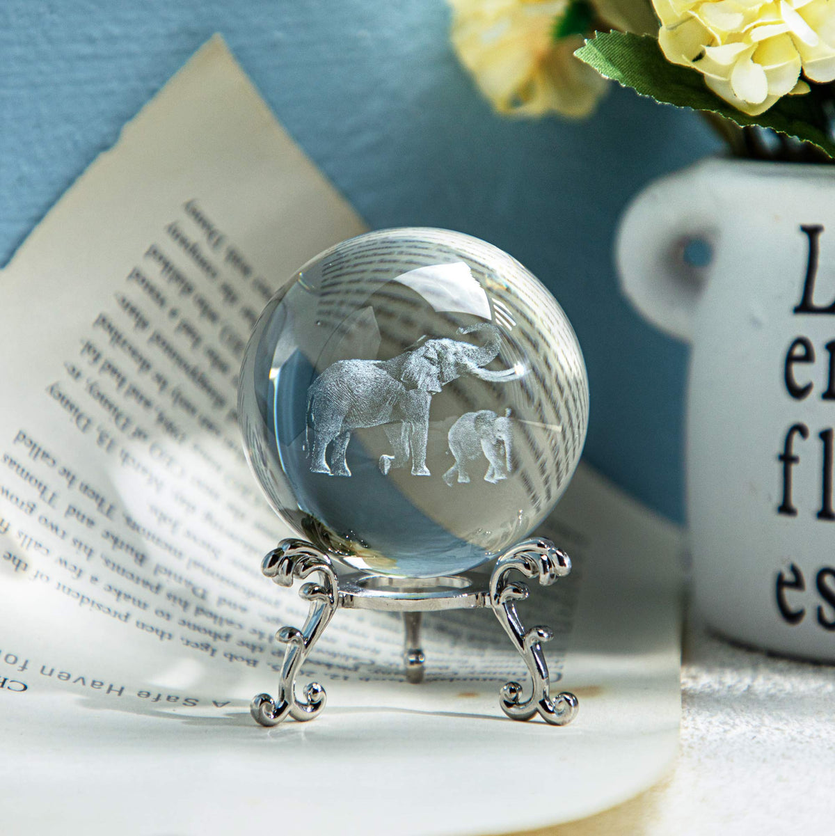 60mm 3D Elephant Crystal Ball with Stand - Laser Engraved K9 Glass