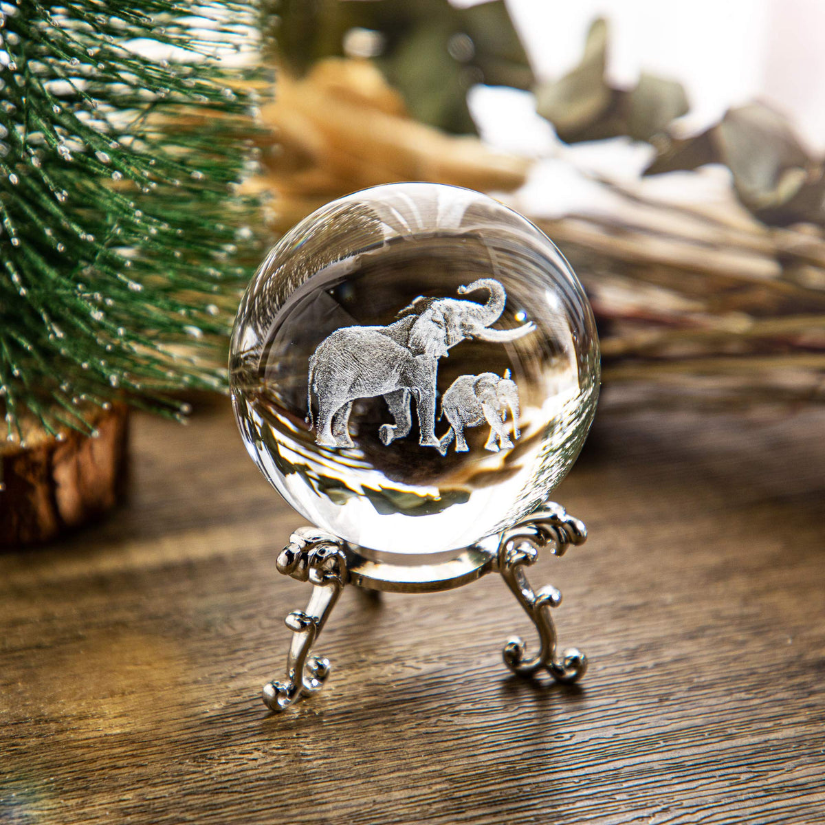 60mm 3D Elephant Crystal Ball with Stand - Laser Engraved K9 Glass