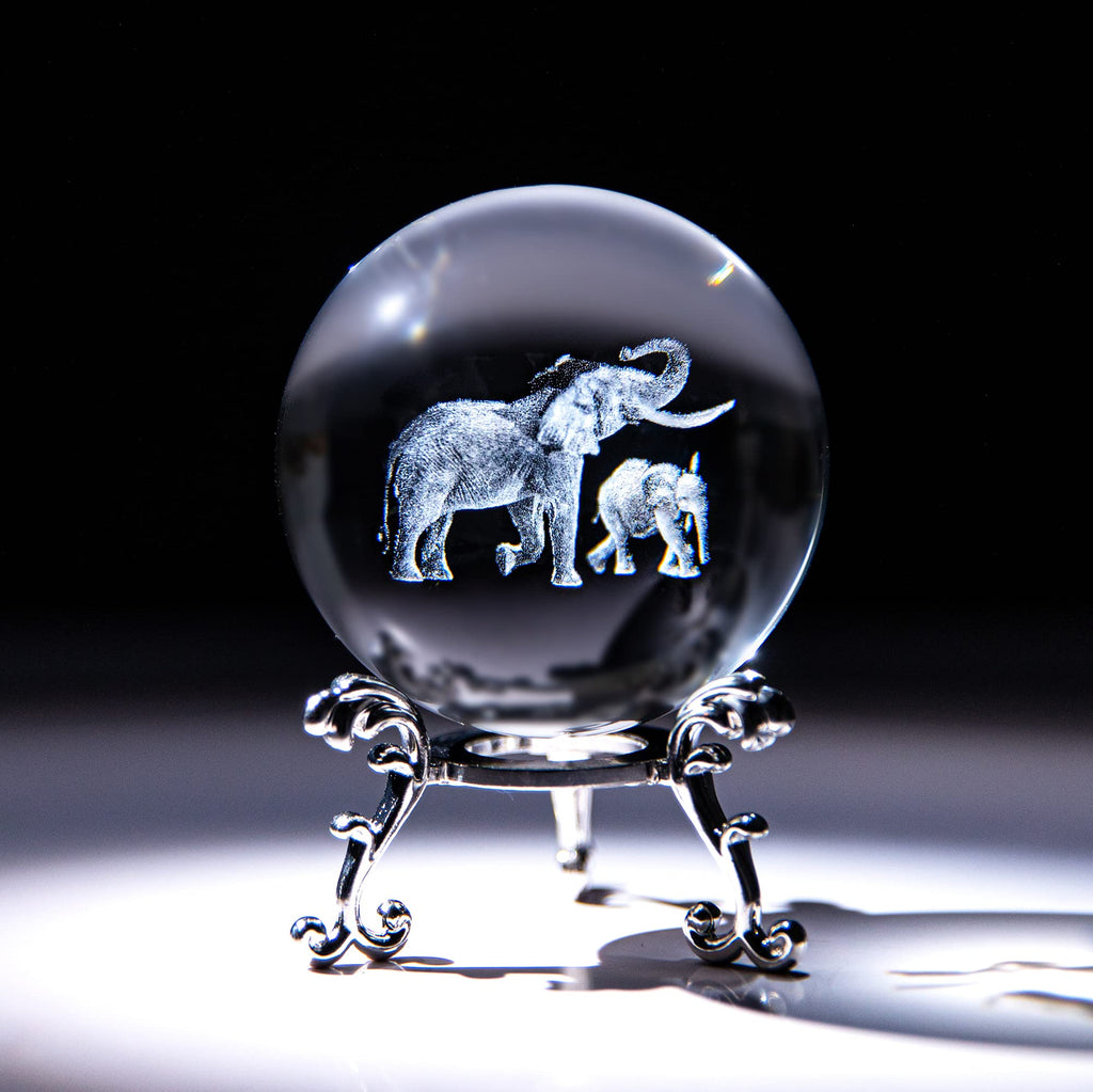 60mm 3D Elephant Crystal Ball with Stand - Laser Engraved K9 Glass