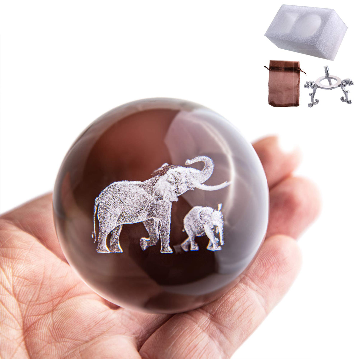 60mm 3D Elephant Crystal Ball with Stand - Laser Engraved K9 Glass