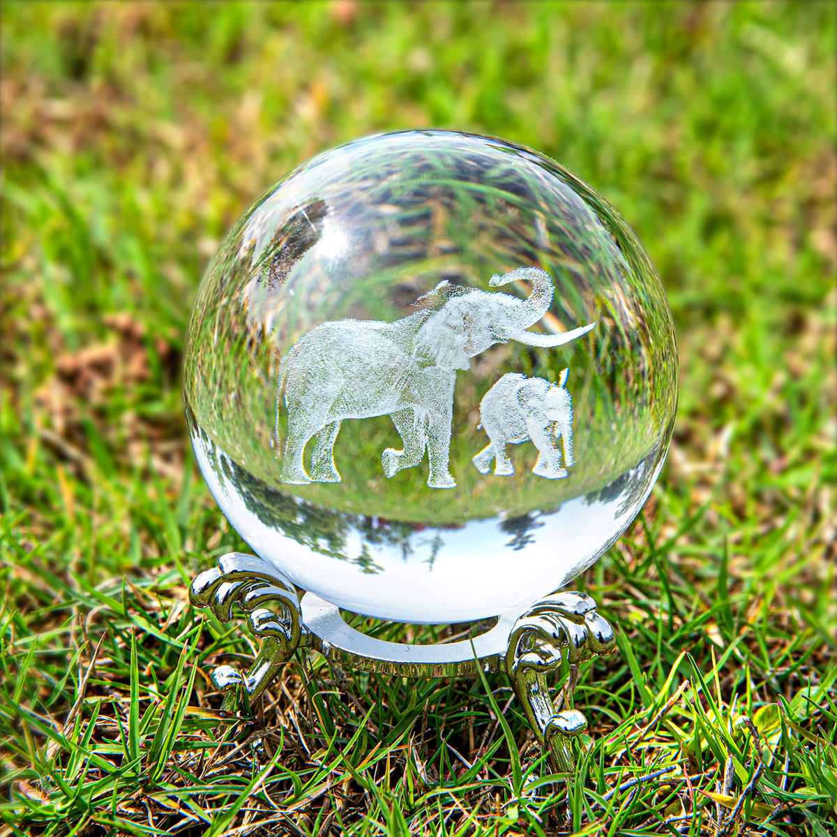 60mm 3D Elephant Crystal Ball with Stand - Laser Engraved K9 Glass