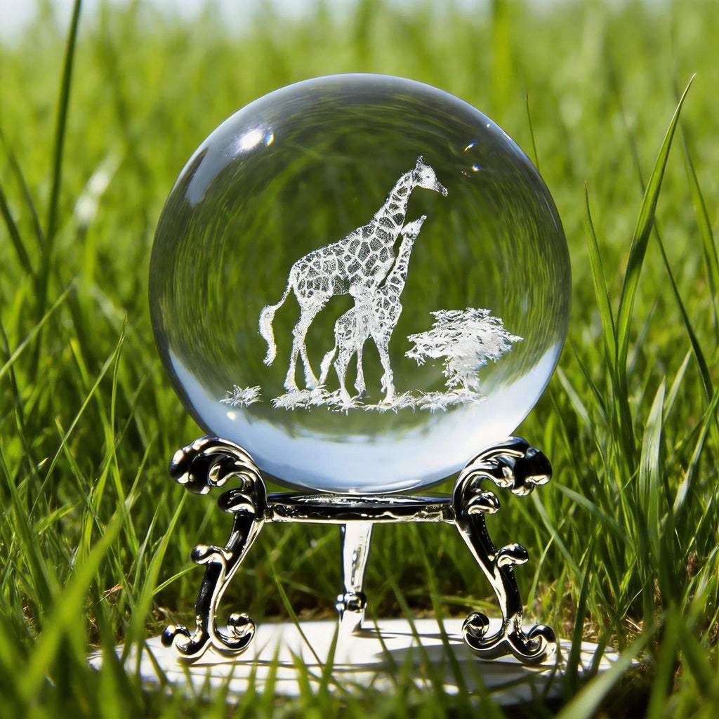 60mm 3D Laser-Engraved Mom & Baby Giraffe Crystal Ball Paperweight