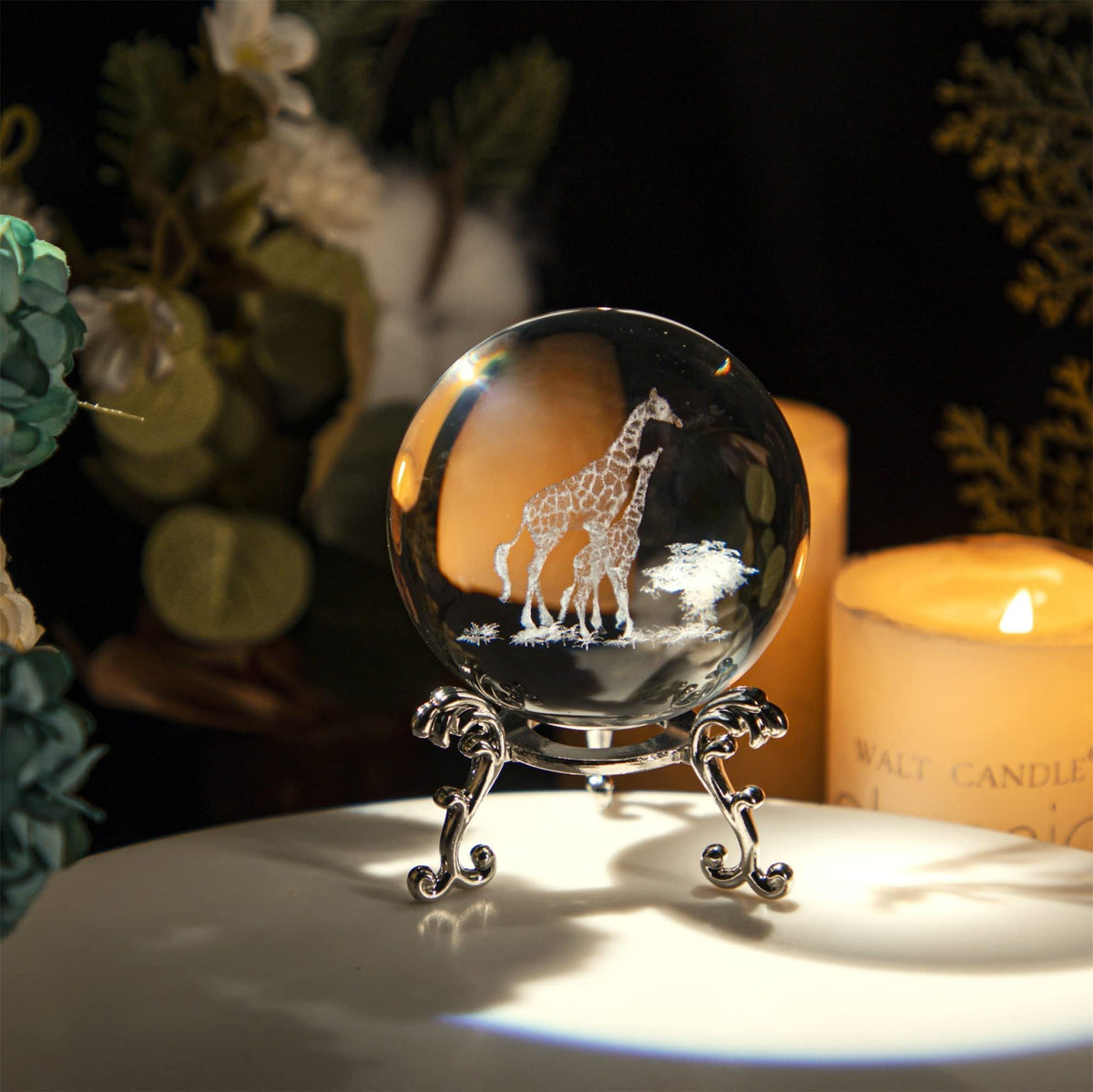 60mm 3D Laser-Engraved Mom & Baby Giraffe Crystal Ball Paperweight