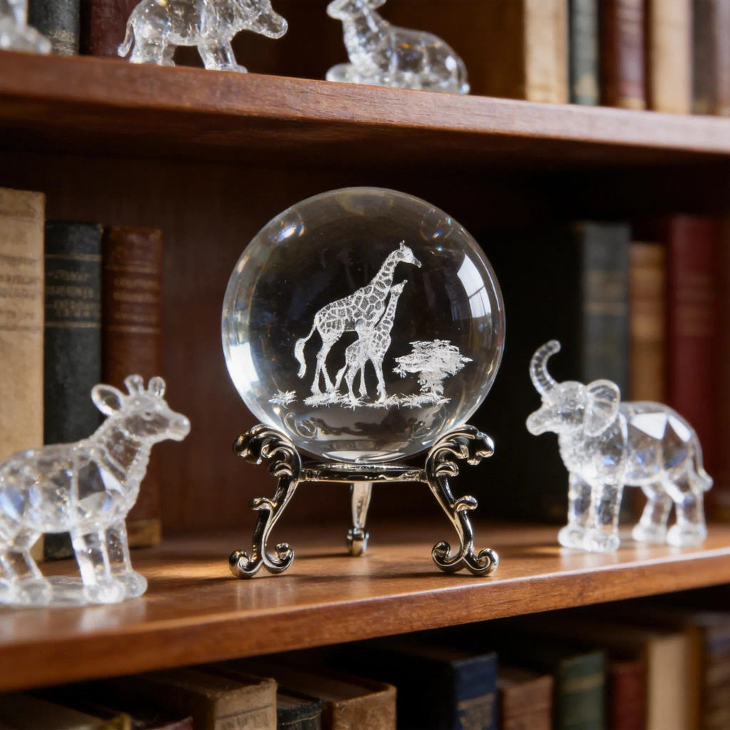60mm 3D Laser-Engraved Mom & Baby Giraffe Crystal Ball Paperweight