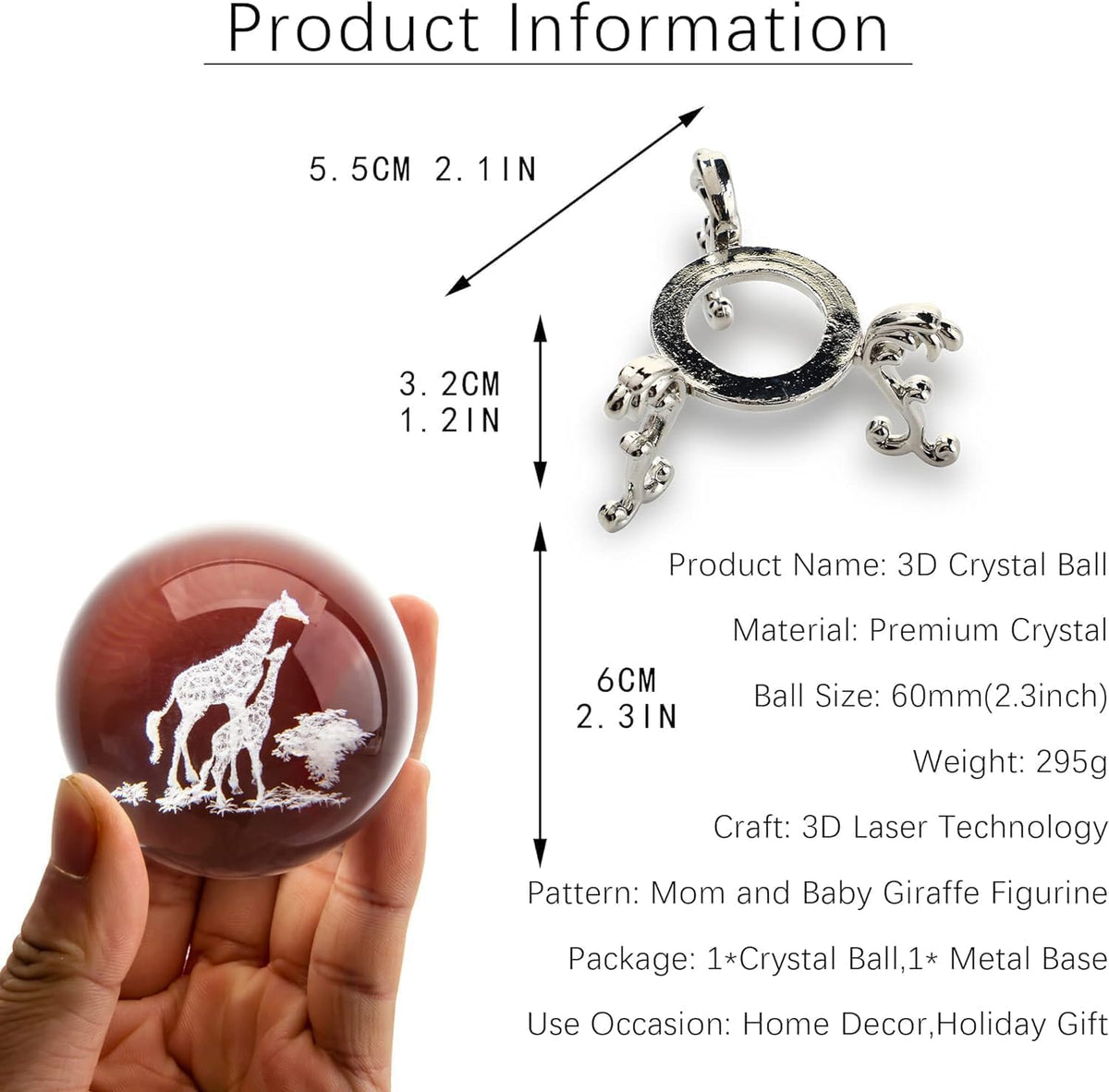 60mm 3D Laser-Engraved Mom & Baby Giraffe Crystal Ball Paperweight
