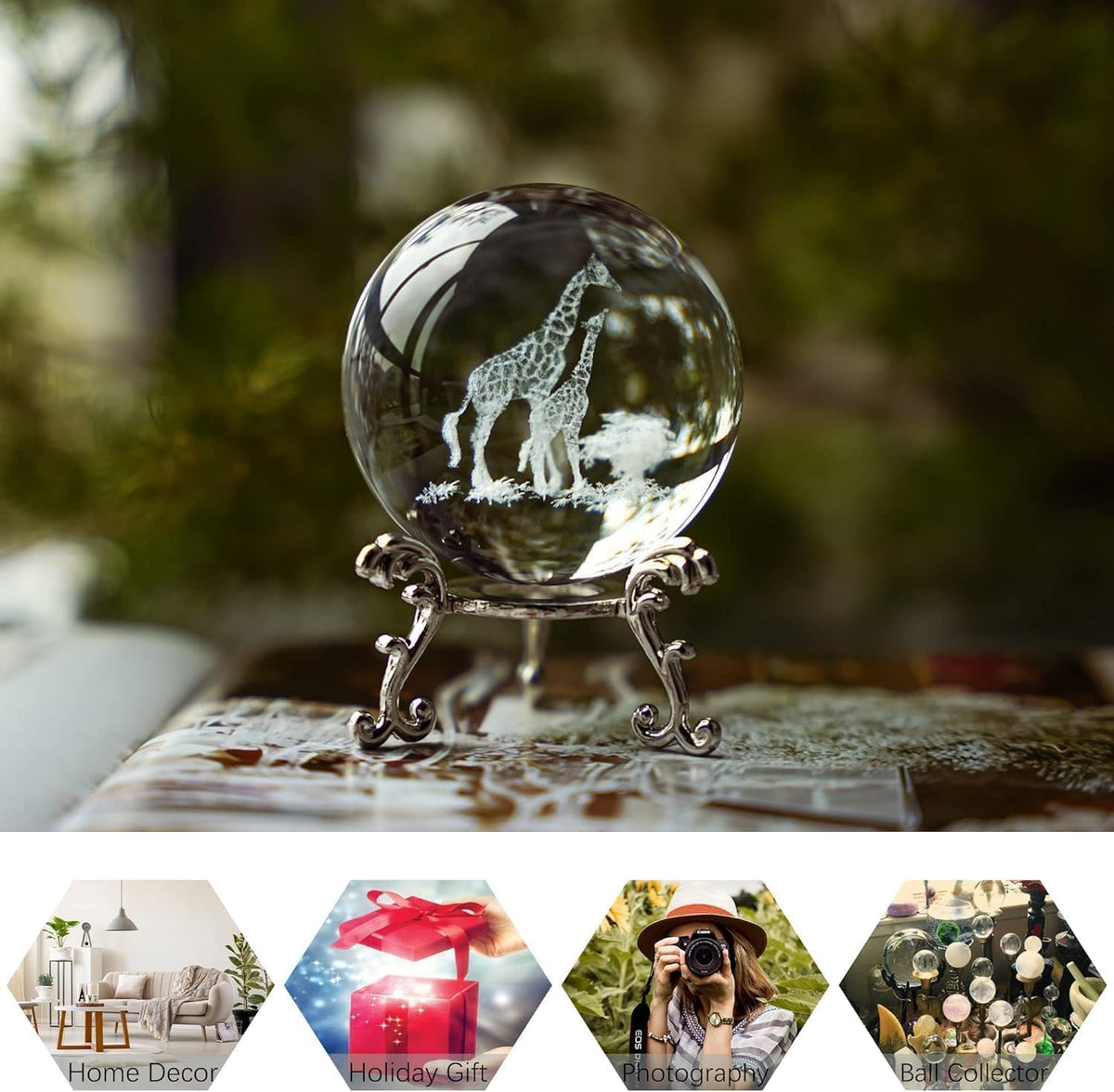 60mm 3D Laser-Engraved Mom & Baby Giraffe Crystal Ball Paperweight