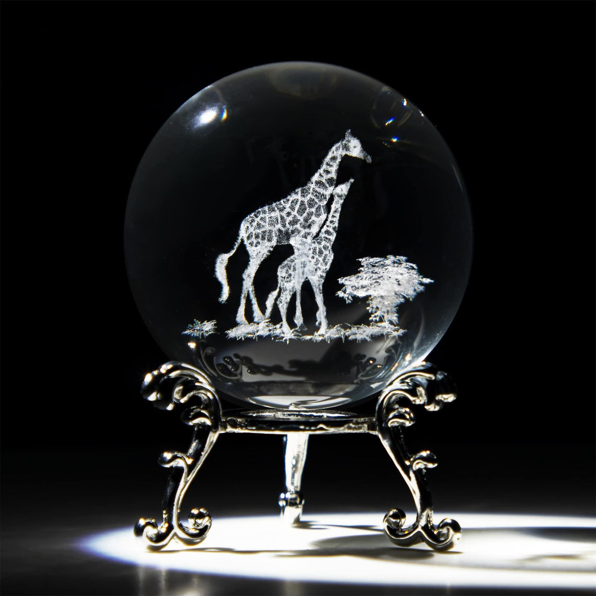 60mm 3D Laser-Engraved Mom & Baby Giraffe Crystal Ball Paperweight