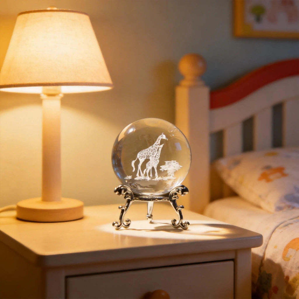 60mm 3D Laser-Engraved Mom & Baby Giraffe Crystal Ball Paperweight