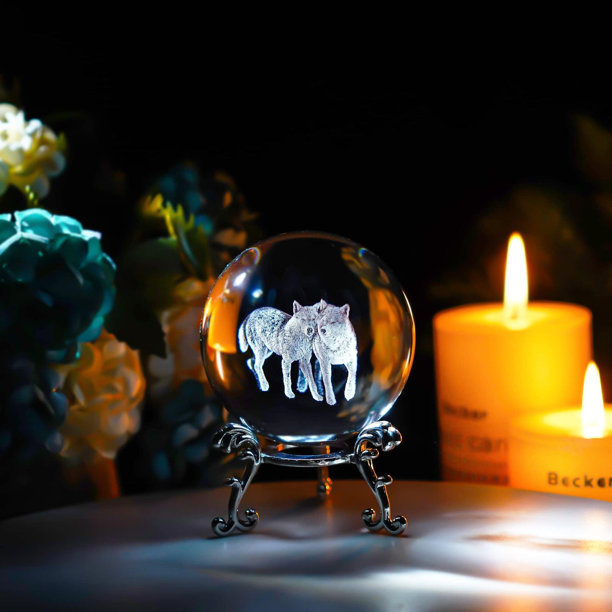 60mm Wolf Couple Crystal Ball Paperweight Desktop Decor