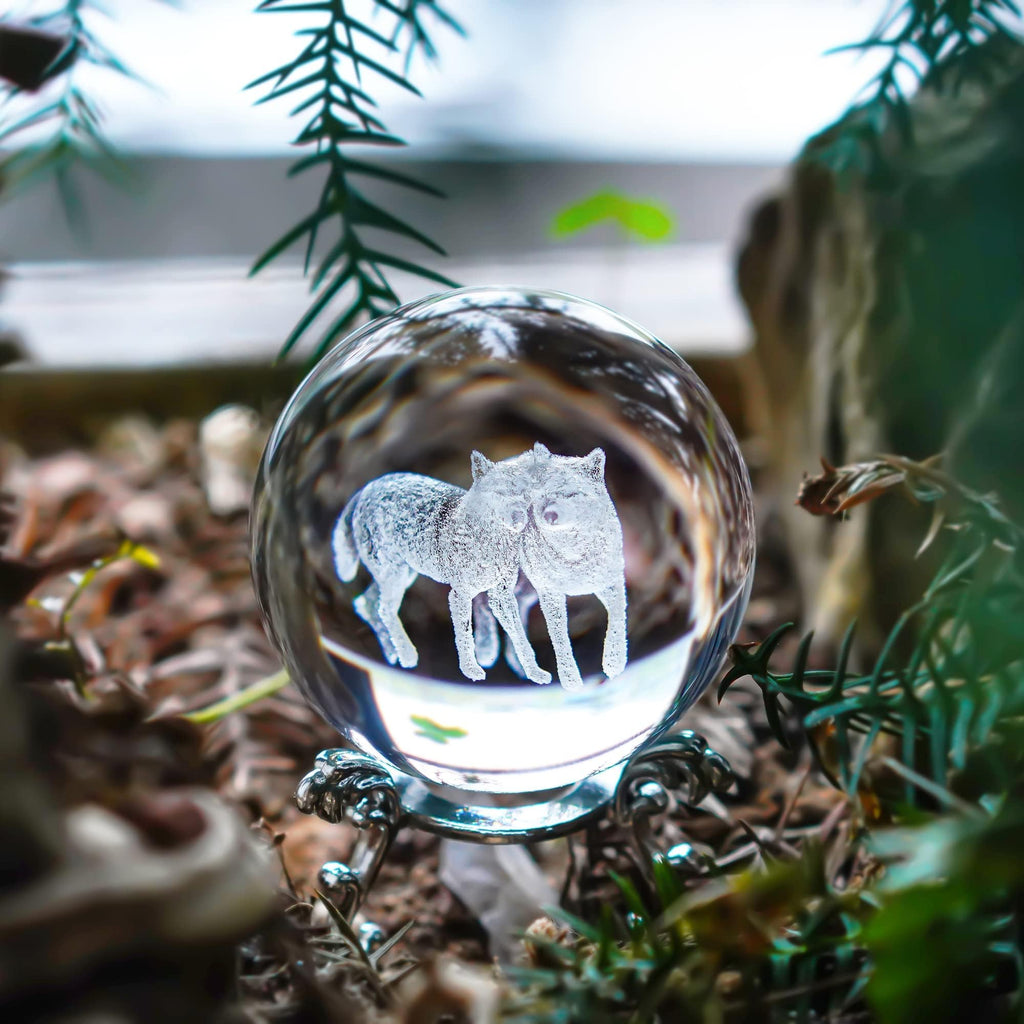 60mm Wolf Couple Crystal Ball Paperweight Desktop Decor