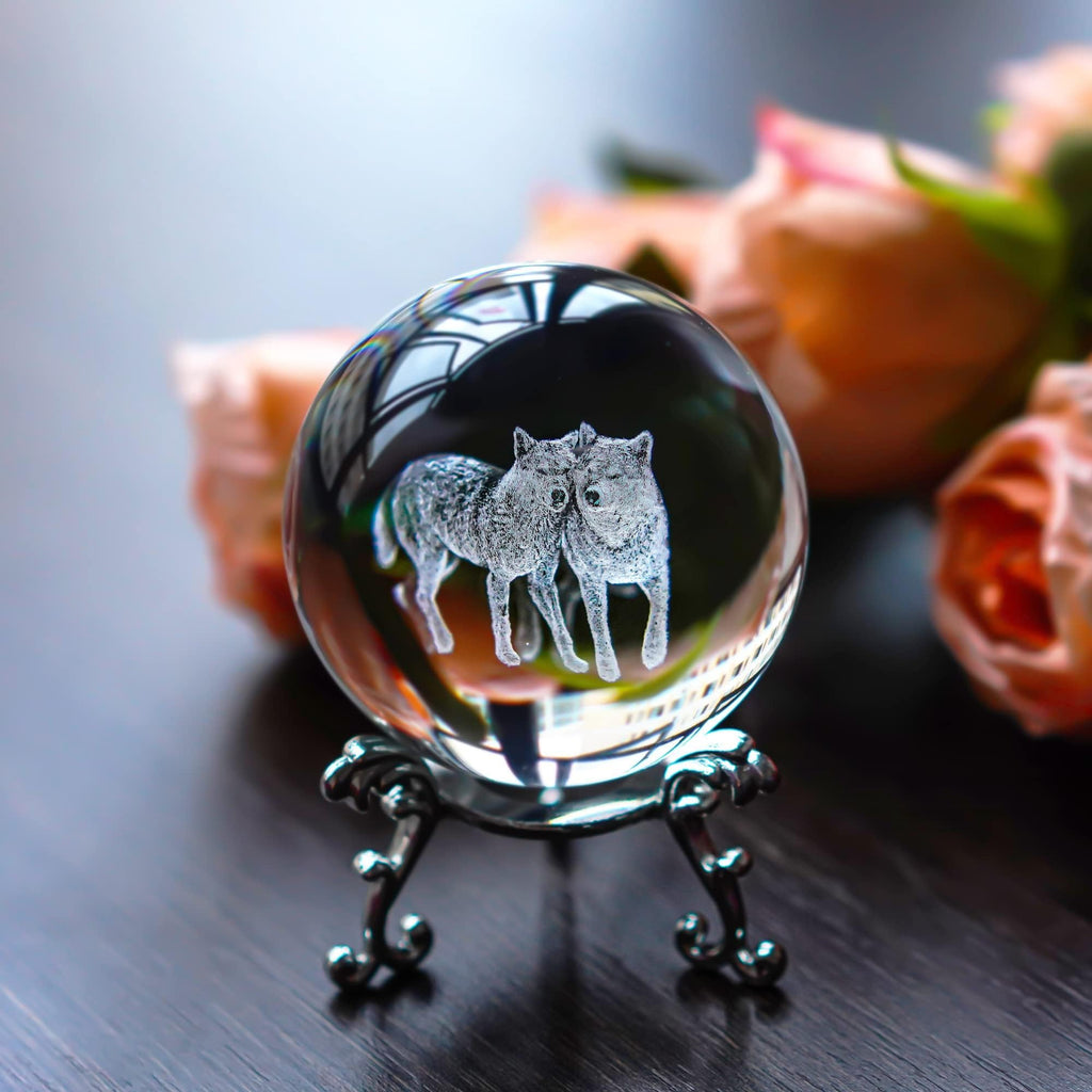 60mm Wolf Couple Crystal Ball Paperweight Desktop Decor