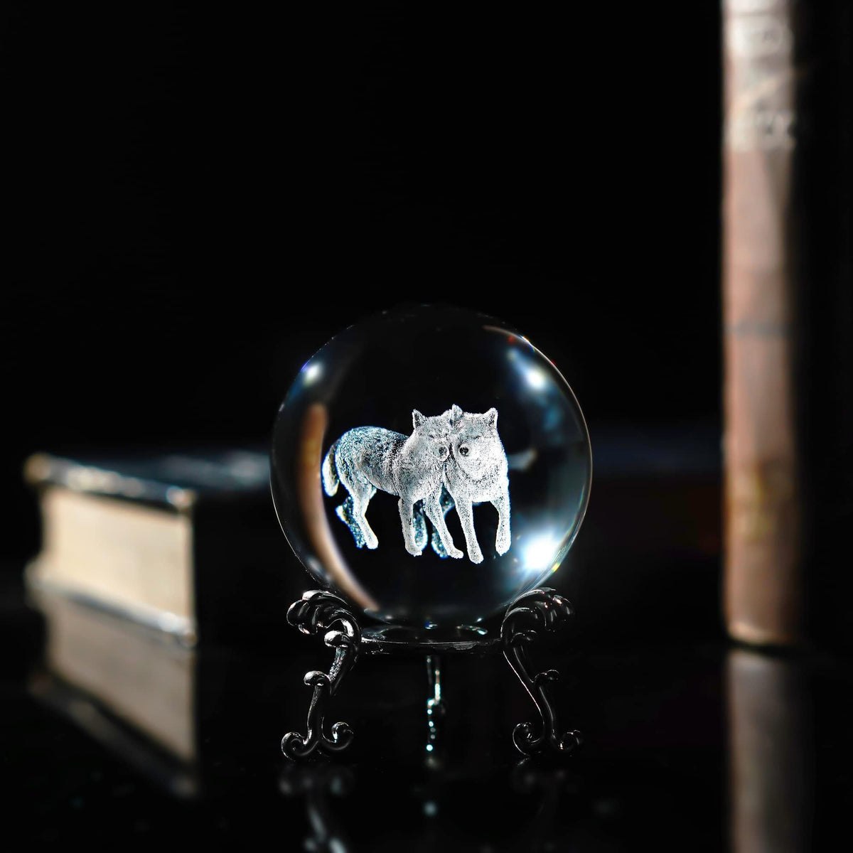 60mm Wolf Couple Crystal Ball Paperweight Desktop Decor