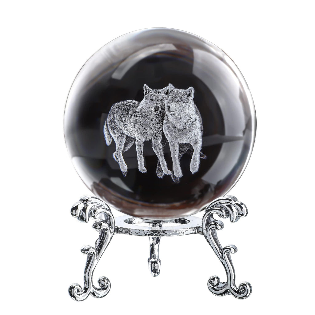 60mm Wolf Couple Crystal Ball Paperweight Desktop Decor