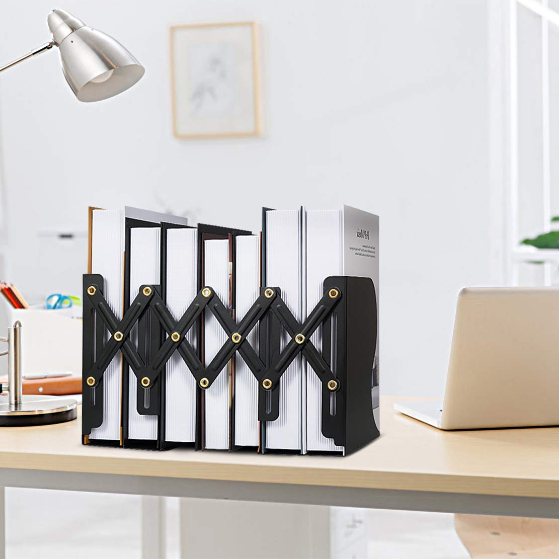 Adjustable Telescopic Metal Bookends — Expandable Desktop Book Organizer
