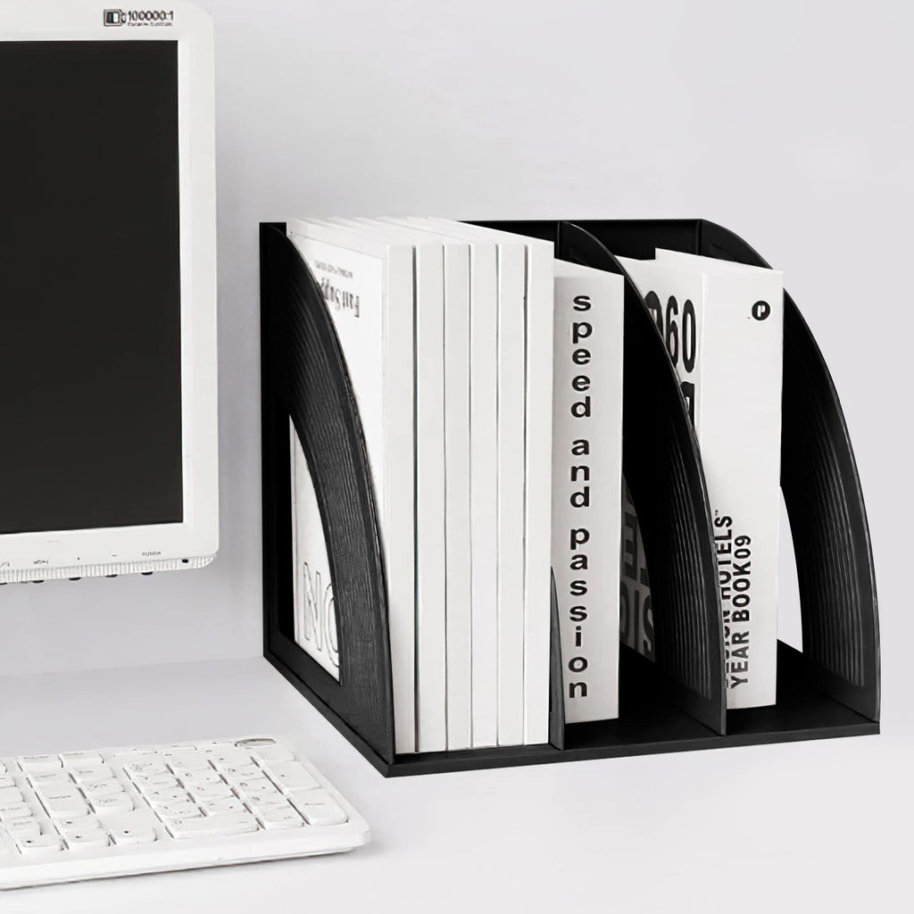 Desk File Organizer — 3-Compartment Sturdy Plastic Magazine Holder (Black)