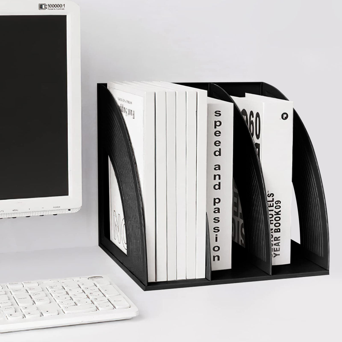 Desk File Organizer — 3-Compartment Sturdy Plastic Magazine Holder (Black)