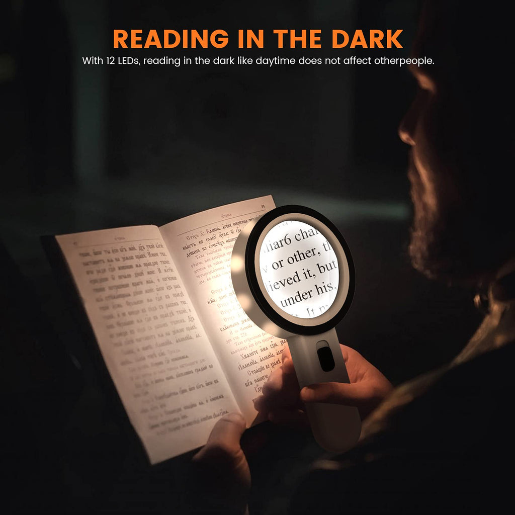 Magnifying Glass with Light, Double-Layer Glass Lens Handheld Large Magnifying Glass 12 LED Lighted Magnifier for Seniors Reading, Coins, Jewelry, Close Working