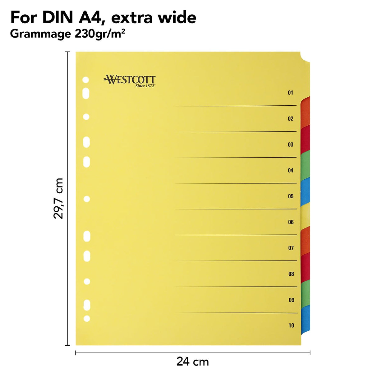 Folder Register for A4 Plastic Wallets — Extra‑Wide, 10 Coloured Tabs, 230g/m²