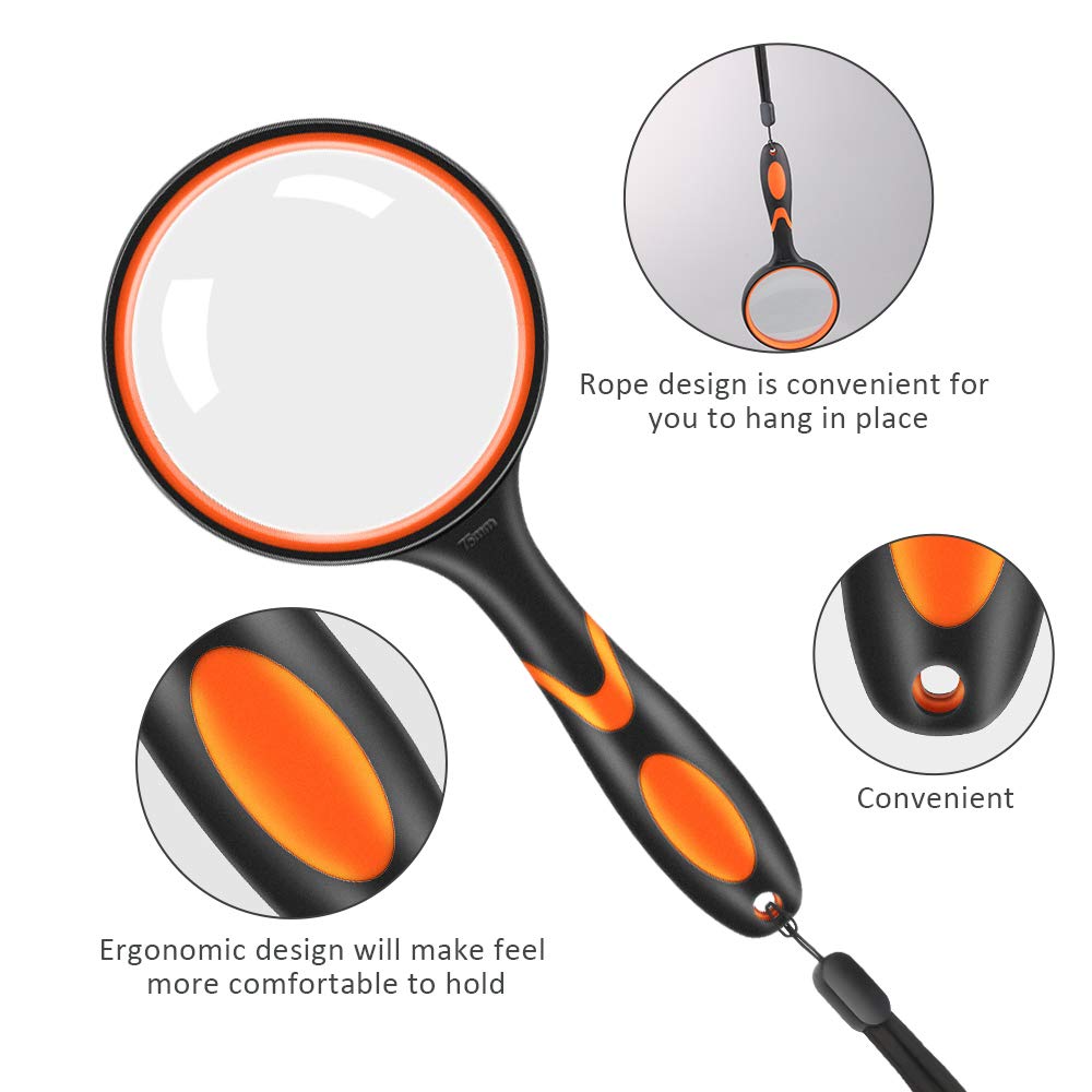 Vicloon Magnifying Glass, 10X Handheld Reading Magnifier, 75mm Magnifying Lens Handheld Magnifying Glass with Hanging Rope and Rubber Handle for Observation Reading Book Fault Finding (Orange)