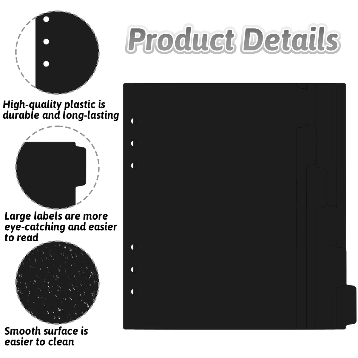 6-Pack A5 6-Hole Black Plastic Binder Dividers with Tabs