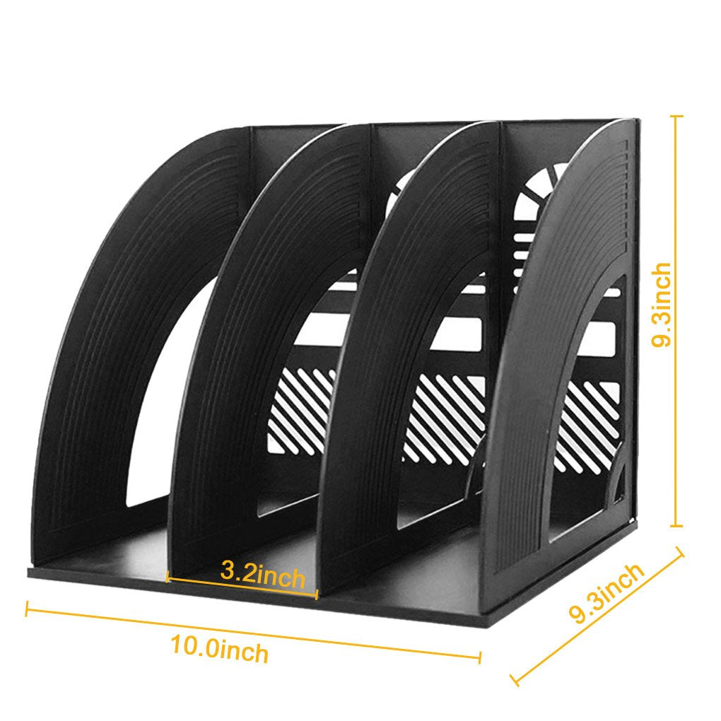 Desk File Organizer — 3-Compartment Sturdy Plastic Magazine Holder (Black)