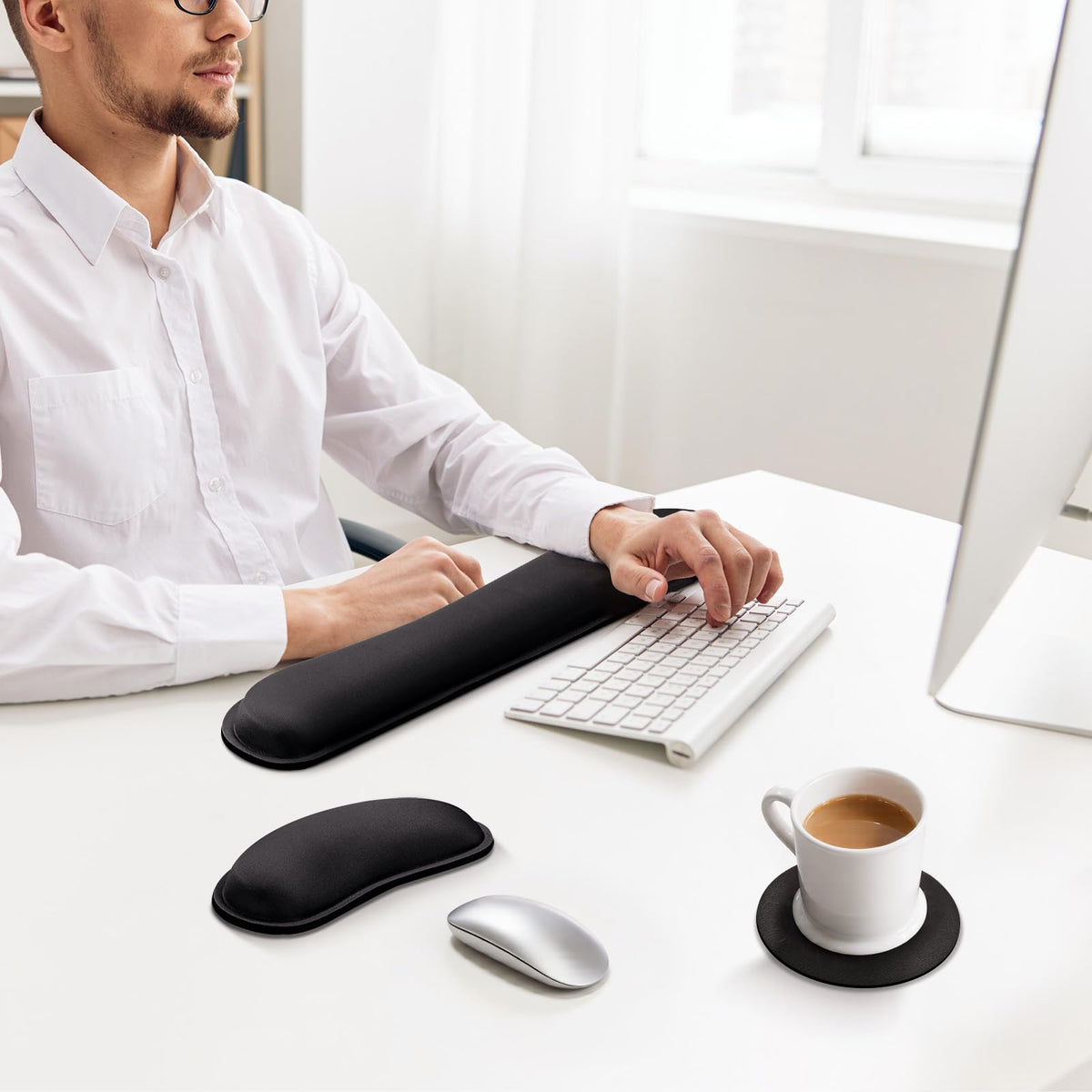 3cm Memory Foam Wrist Rest Set – Ergonomic Keyboard & Mouse (3‑Piece, Black)