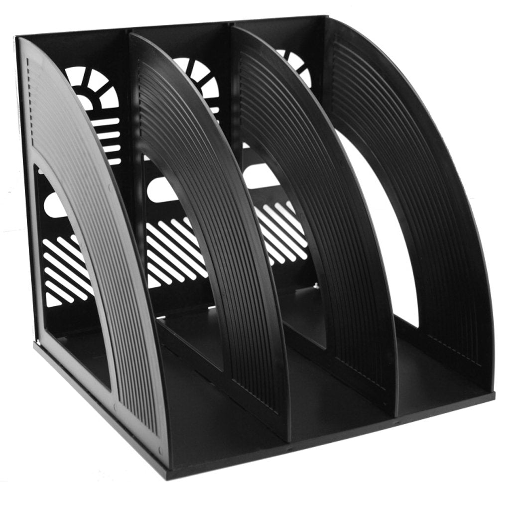 Desk File Organizer — 3-Compartment Sturdy Plastic Magazine Holder (Black)