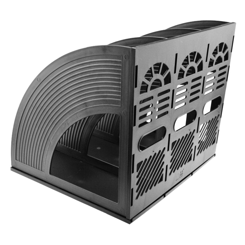 Desk File Organizer — 3-Compartment Sturdy Plastic Magazine Holder (Black)