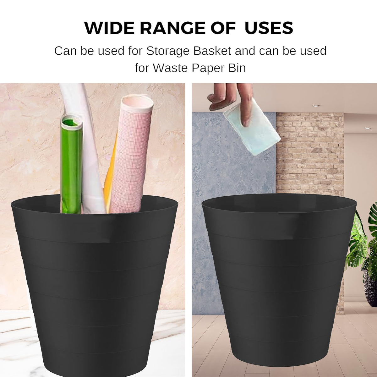 6L Round Open-Top Plastic Waste Bin - Black