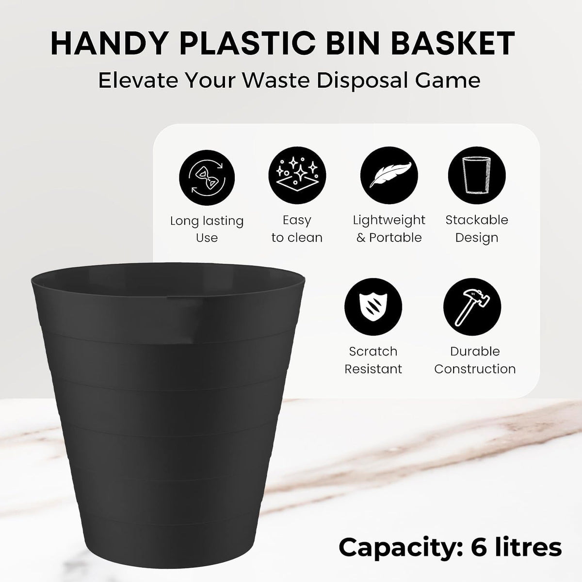 6L Round Open-Top Plastic Waste Bin - Black