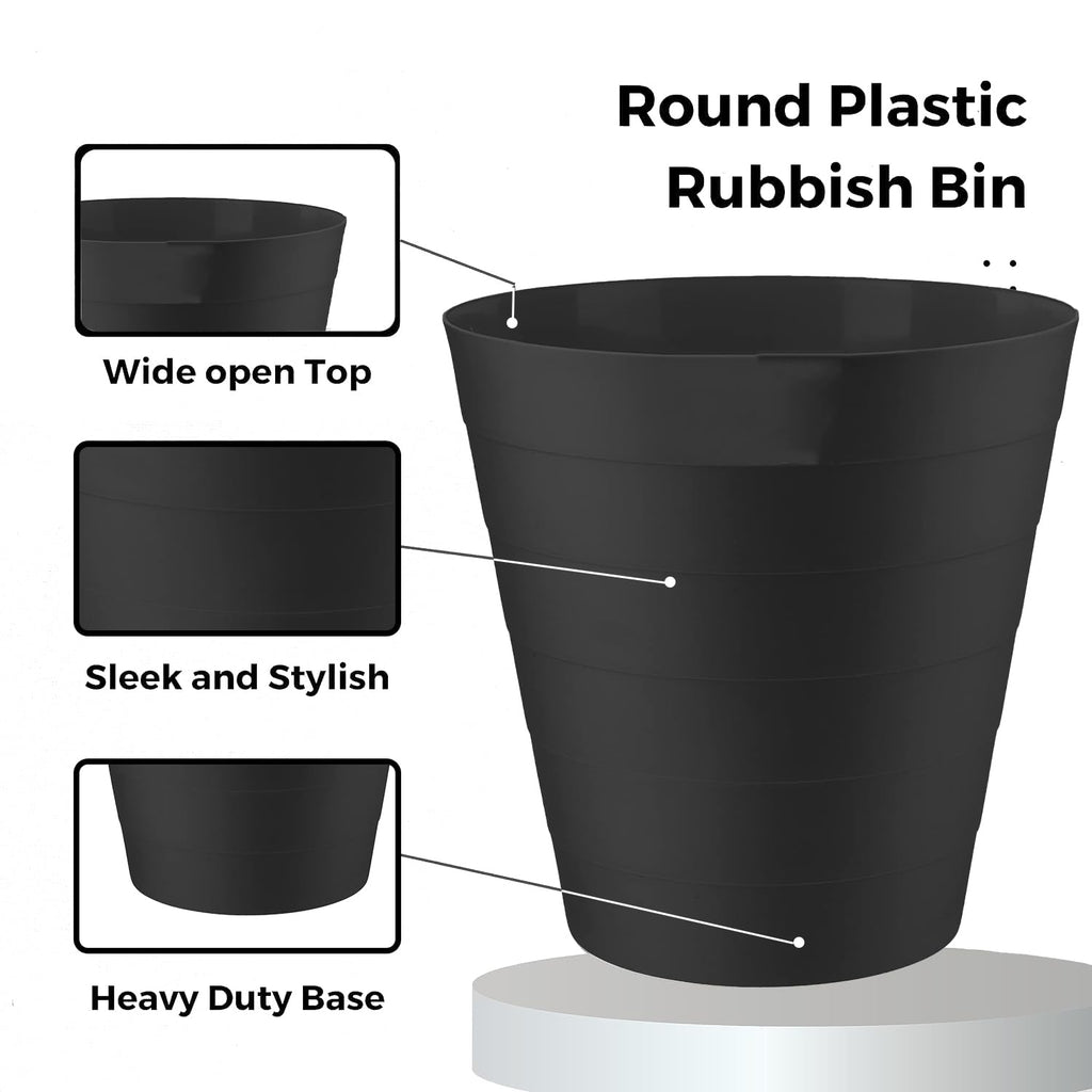 6L Round Open-Top Plastic Waste Bin - Black