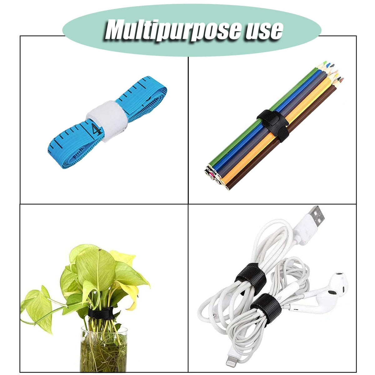 70 Reusable Hook and Loop Cable Ties - 5.9in Adjustable Straps (7 Colors)