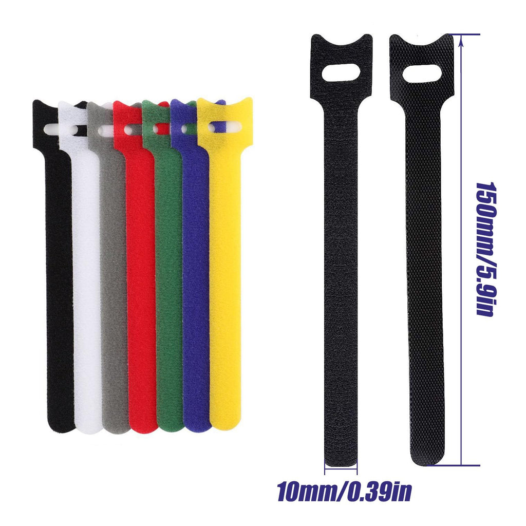 70 Reusable Hook and Loop Cable Ties - 5.9in Adjustable Straps (7 Colors)