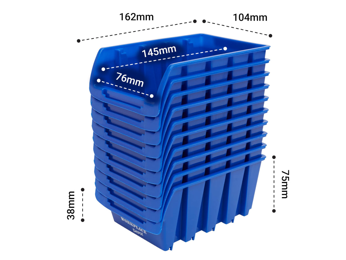 Plastic Stackable Storage Bins — Pack of 10, Blue, 75×104×162 mm