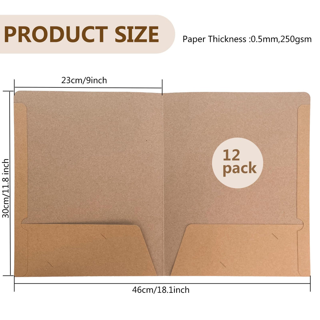 12-Pack A4 Kraft Paper File Folders with Business Card Slot, Brown